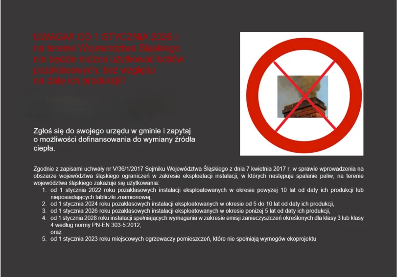 UWAGA!! OD 1 STYCZNIA 2026 r. na terenie Województwa Śląskiego nie będzie można użytkować kotłów pozaklasowych, bez względu na datę ich produkcji!!